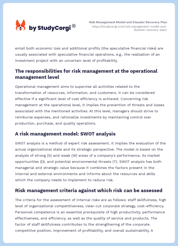 Risk Management Model and Disaster Recovery Plan. Page 2