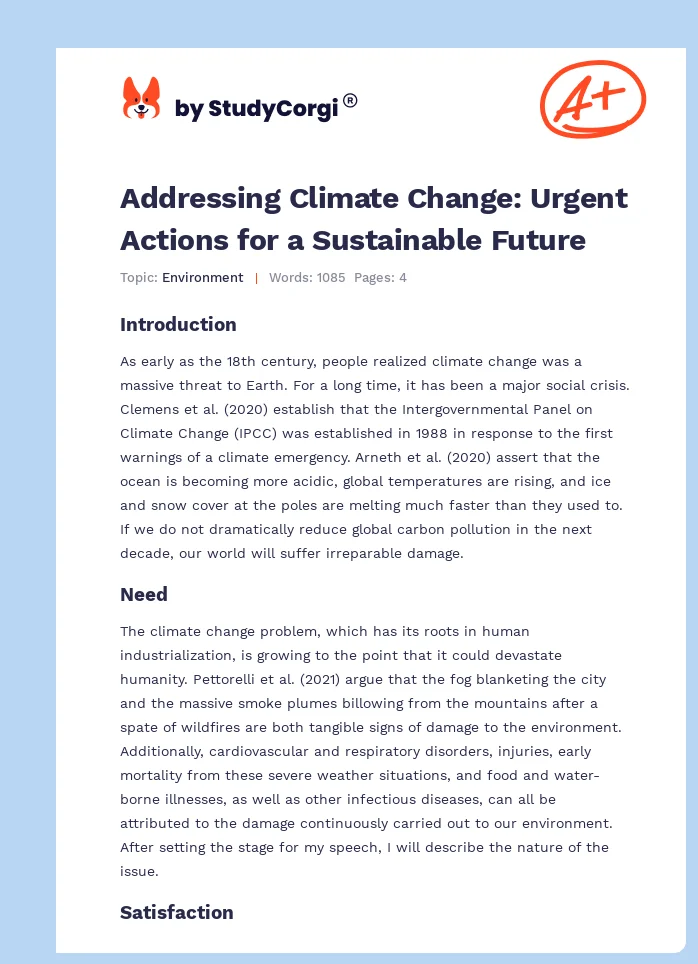 Addressing Climate Change: Urgent Actions for a Sustainable Future. Page 1