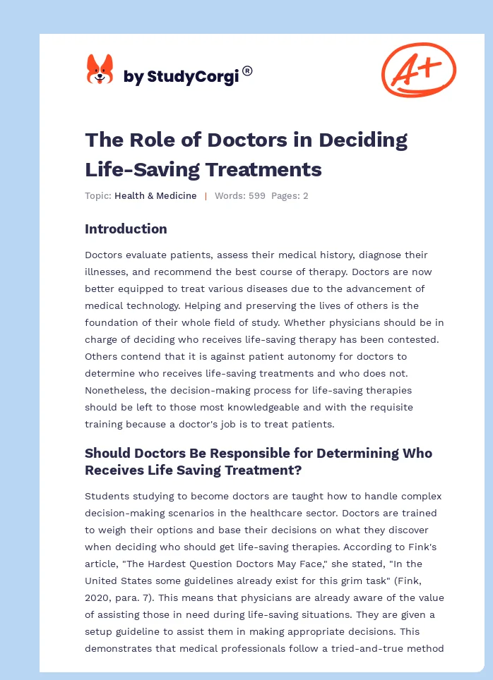 The Role of Doctors in Deciding Life-Saving Treatments. Page 1