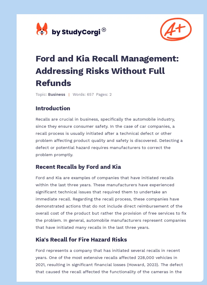 Ford and Kia Recall Management: Addressing Risks Without Full Refunds. Page 1