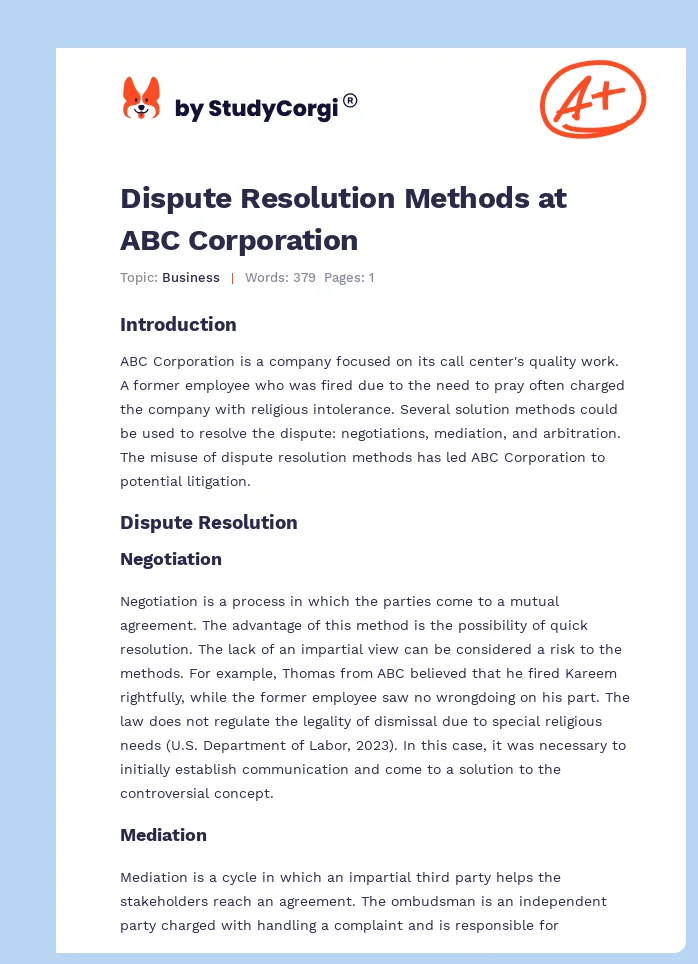 Dispute Resolution Methods at ABC Corporation. Page 1