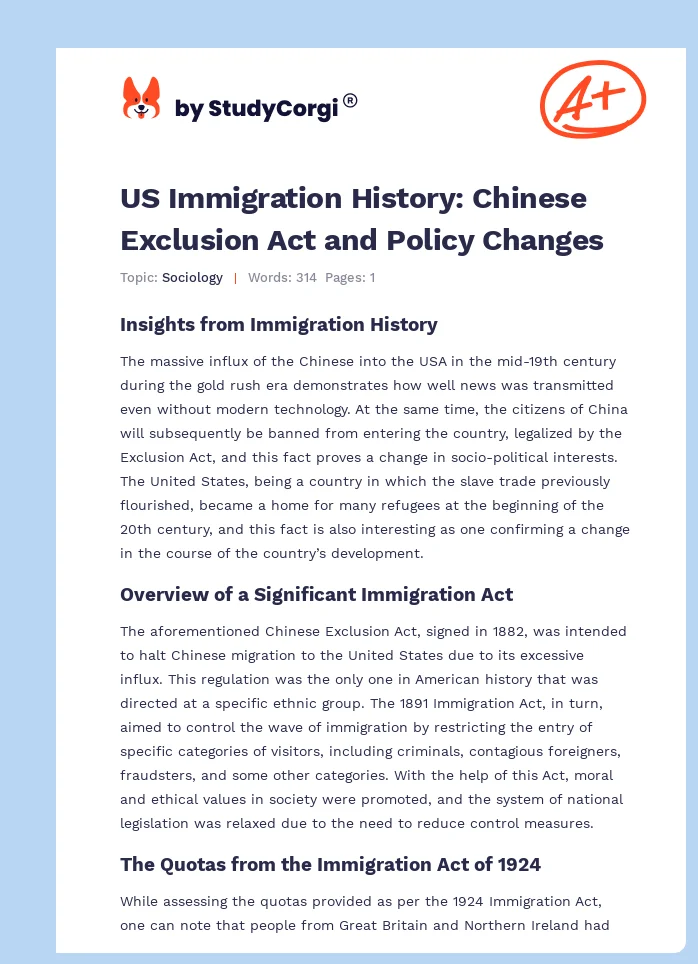 US Immigration History: Chinese Exclusion Act and Policy Changes. Page 1