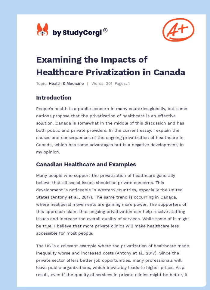 Examining the Impacts of Healthcare Privatization in Canada. Page 1