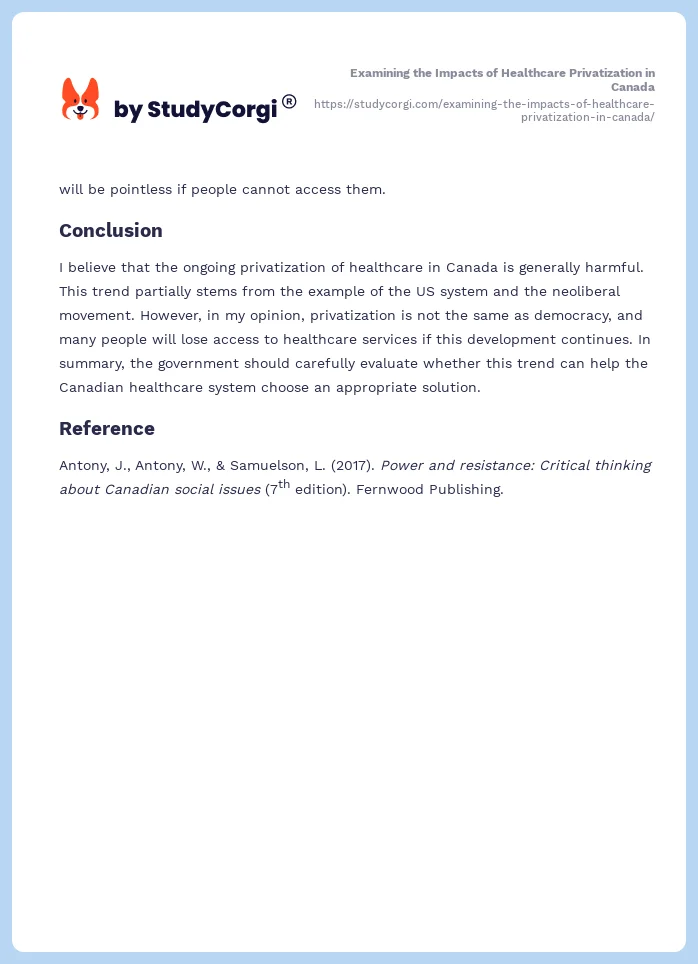 Examining the Impacts of Healthcare Privatization in Canada. Page 2