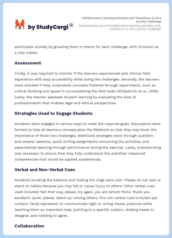 Collaborative Learning Activities and Transitions in Zero Gravity Challenge. Page 2