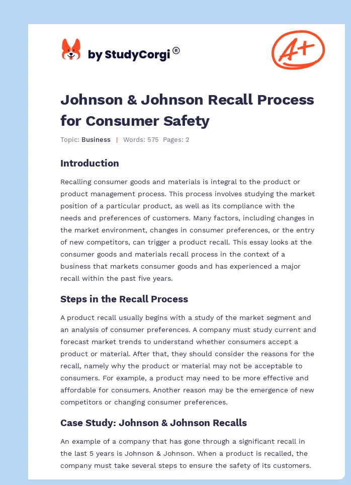 Johnson & Johnson Recall Process for Consumer Safety. Page 1