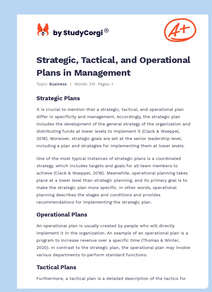 Strategic, Tactical, and Operational Plans in Management. Page 1