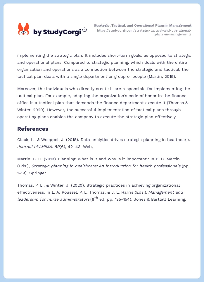 Strategic, Tactical, and Operational Plans in Management. Page 2