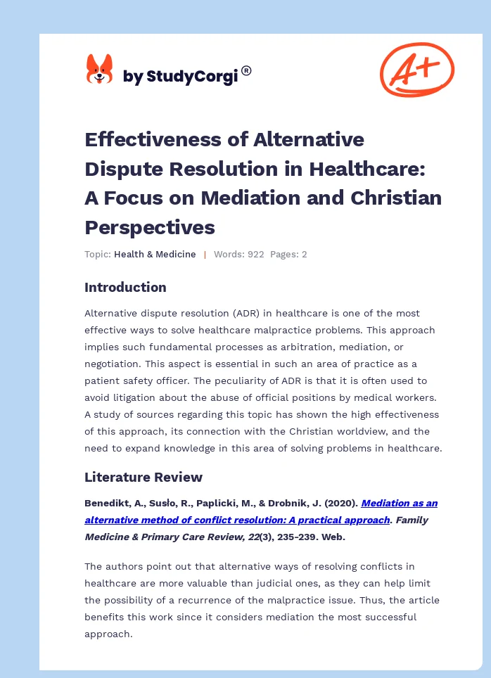 Effectiveness of Alternative Dispute Resolution in Healthcare: A Focus on Mediation and Christian Perspectives. Page 1