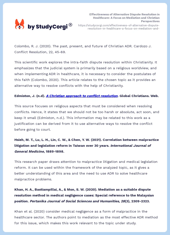 Effectiveness of Alternative Dispute Resolution in Healthcare: A Focus on Mediation and Christian Perspectives. Page 2