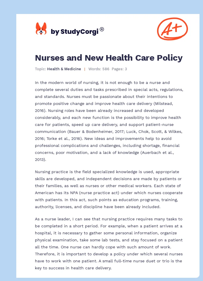Nurses and New Health Care Policy. Page 1