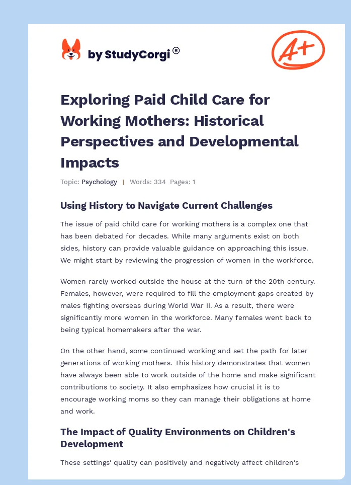 Exploring Paid Child Care for Working Mothers: Historical Perspectives and Developmental Impacts. Page 1