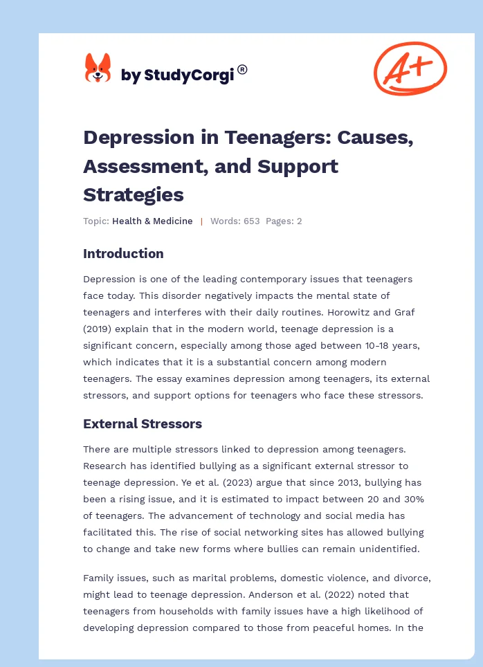 Depression in Teenagers: Causes, Assessment, and Support Strategies. Page 1