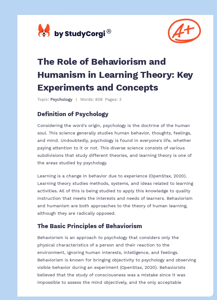 The Role of Behaviorism and Humanism in Learning Theory: Key Experiments and Concepts. Page 1