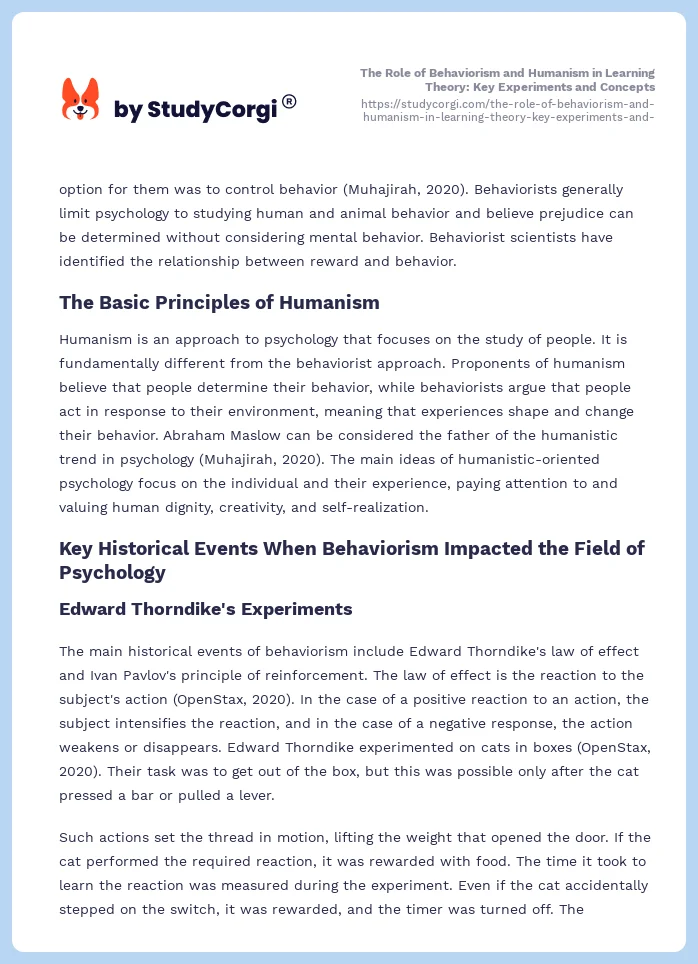 The Role of Behaviorism and Humanism in Learning Theory: Key Experiments and Concepts. Page 2