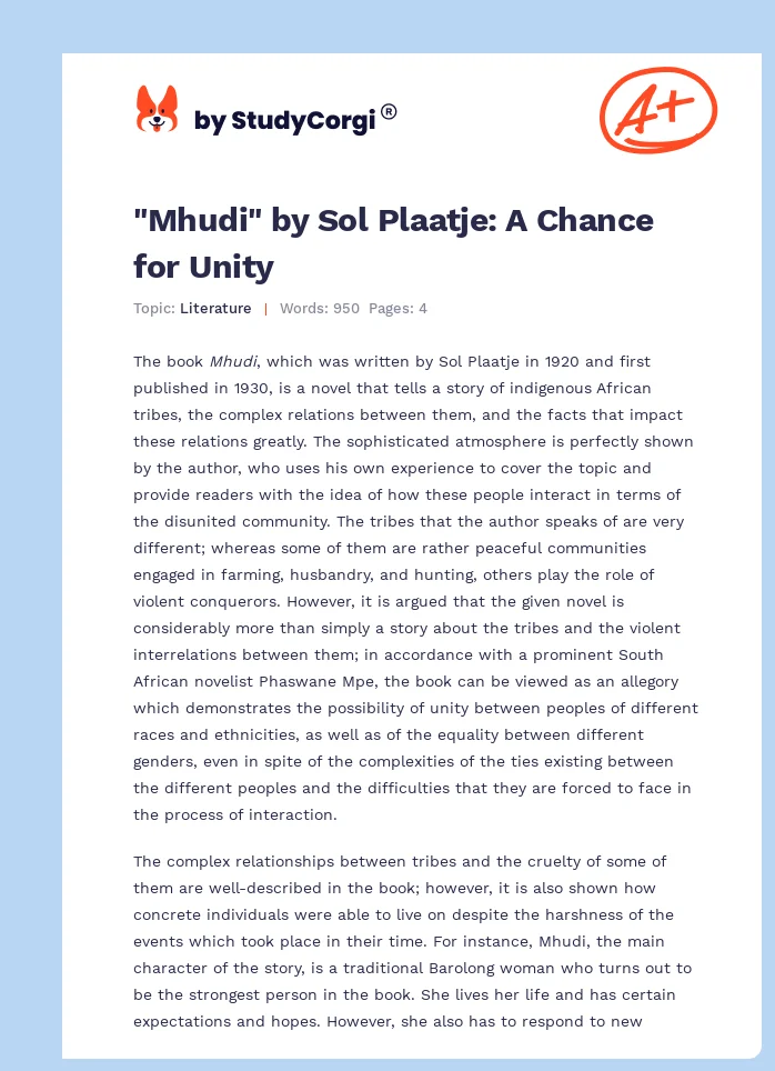"Mhudi" by Sol Plaatje: A Chance for Unity. Page 1