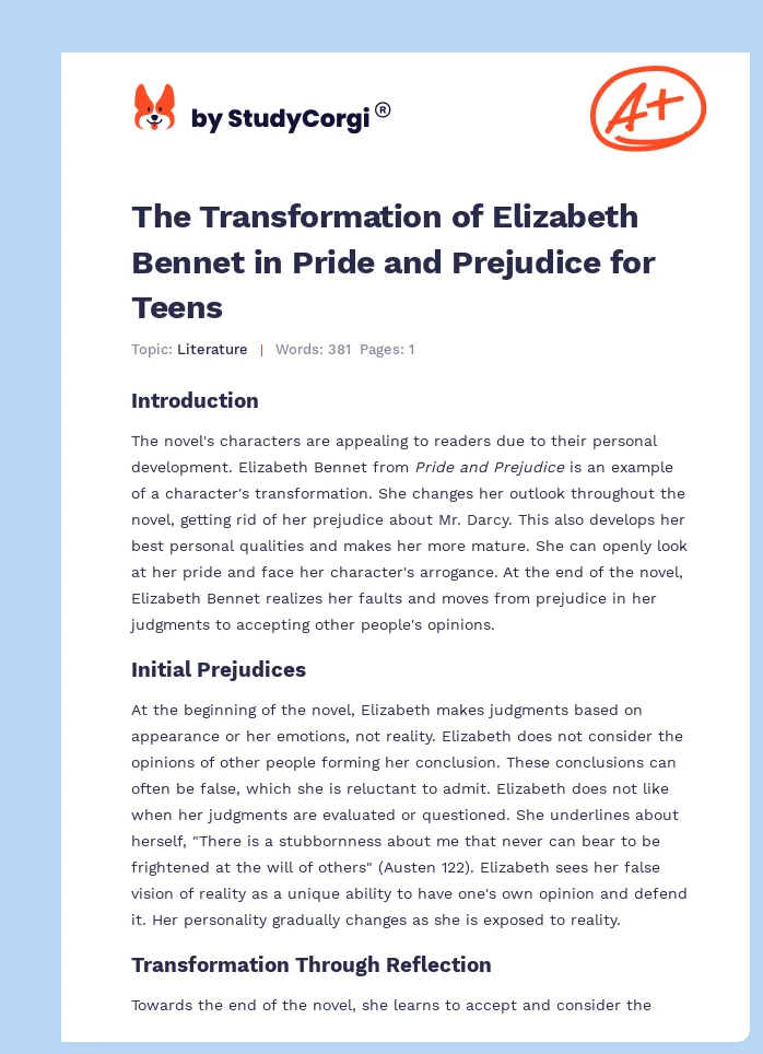 The Transformation of Elizabeth Bennet in Pride and Prejudice for Teens. Page 1