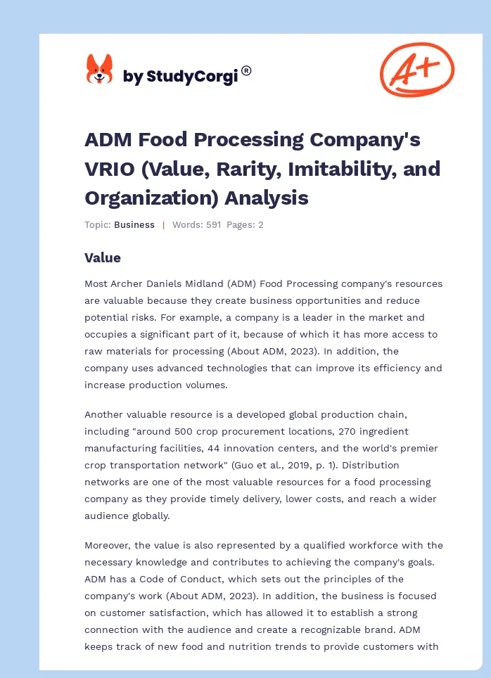 ADM Food Processing Company's VRIO (Value, Rarity, Imitability, and Organization) Analysis. Page 1