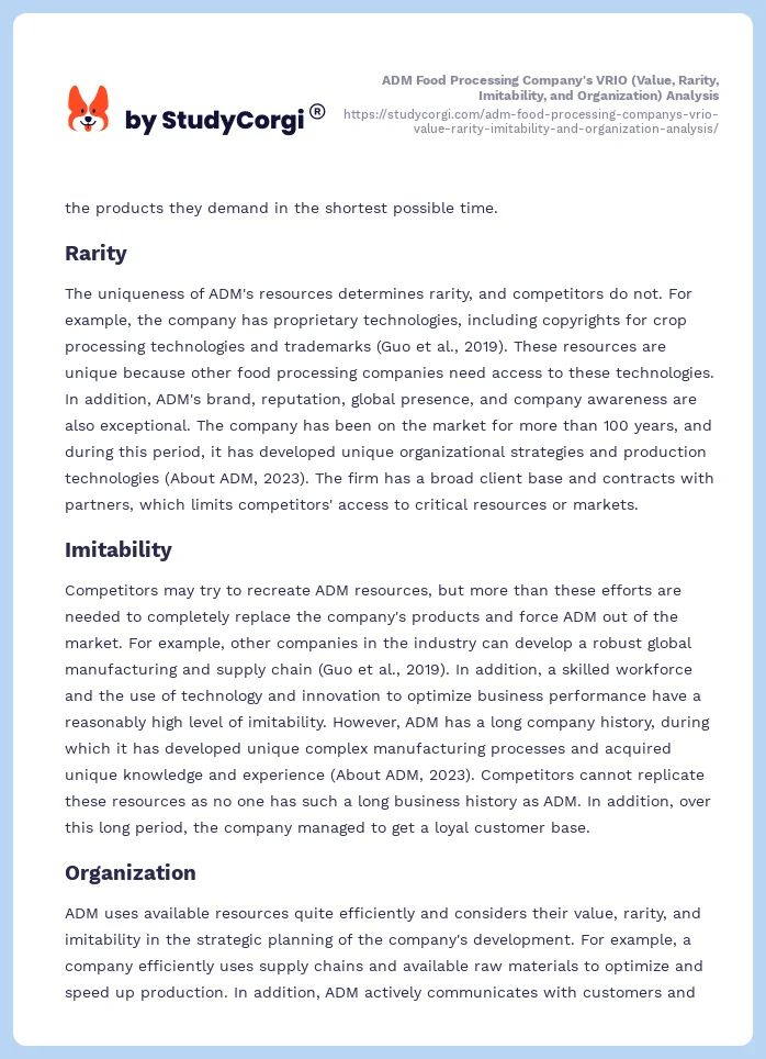 ADM Food Processing Company's VRIO (Value, Rarity, Imitability, and Organization) Analysis. Page 2