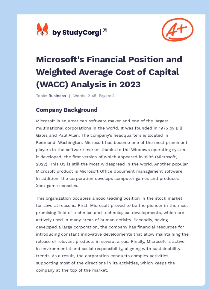 Microsoft's Financial Position and Weighted Average Cost of Capital (WACC) Analysis in 2023. Page 1