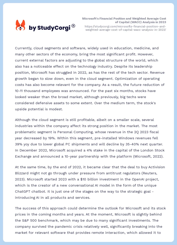 Microsoft's Financial Position and Weighted Average Cost of Capital (WACC) Analysis in 2023. Page 2