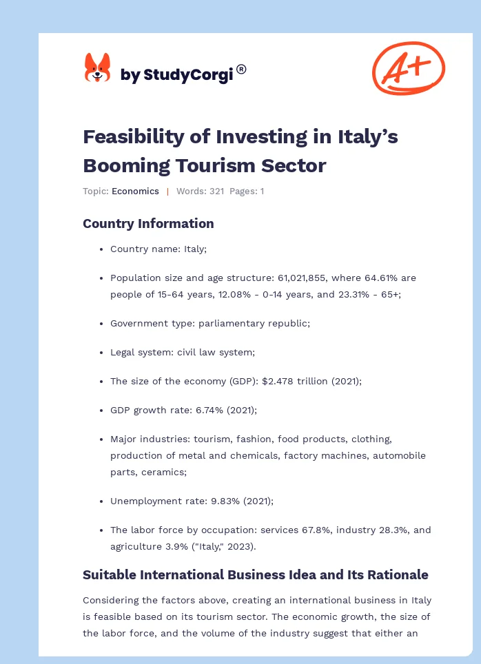 Feasibility of Investing in Italy’s Booming Tourism Sector. Page 1