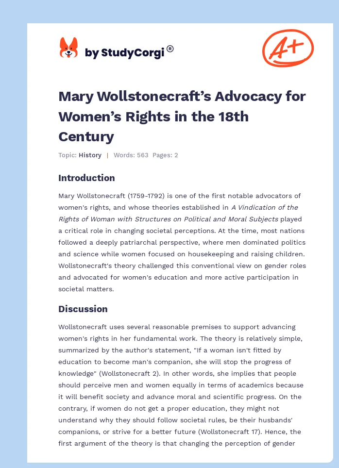 Mary Wollstonecraft’s Advocacy for Women’s Rights in the 18th Century. Page 1