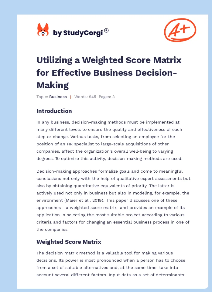 Utilizing a Weighted Score Matrix for Effective Business Decision-Making. Page 1