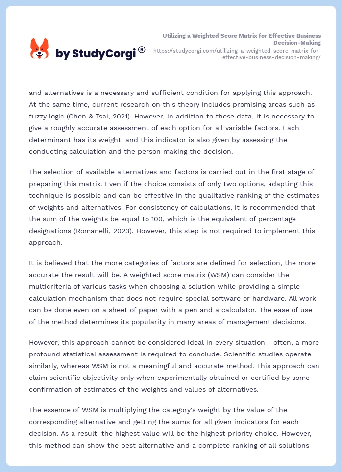 Utilizing a Weighted Score Matrix for Effective Business Decision-Making. Page 2