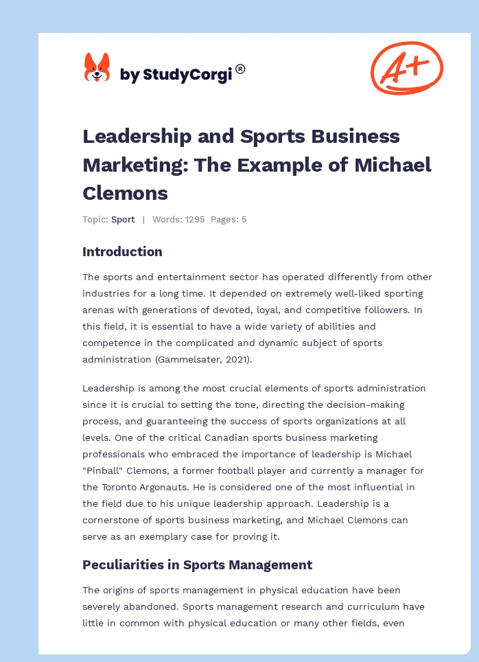 Leadership and Sports Business Marketing: The Example of Michael Clemons. Page 1