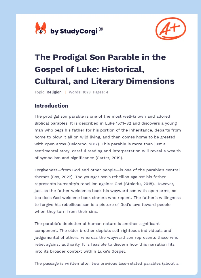 The Prodigal Son Parable in the Gospel of Luke: Historical, Cultural, and Literary Dimensions. Page 1