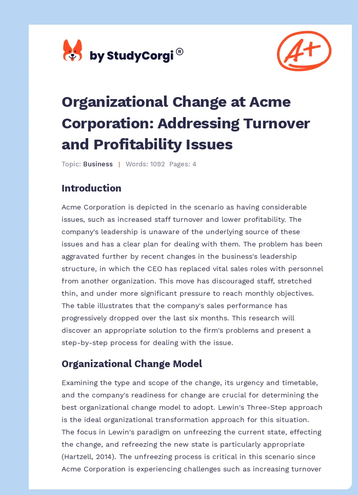 Organizational Change at Acme Corporation: Addressing Turnover and Profitability Issues. Page 1