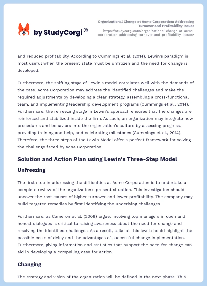 Organizational Change at Acme Corporation: Addressing Turnover and Profitability Issues. Page 2