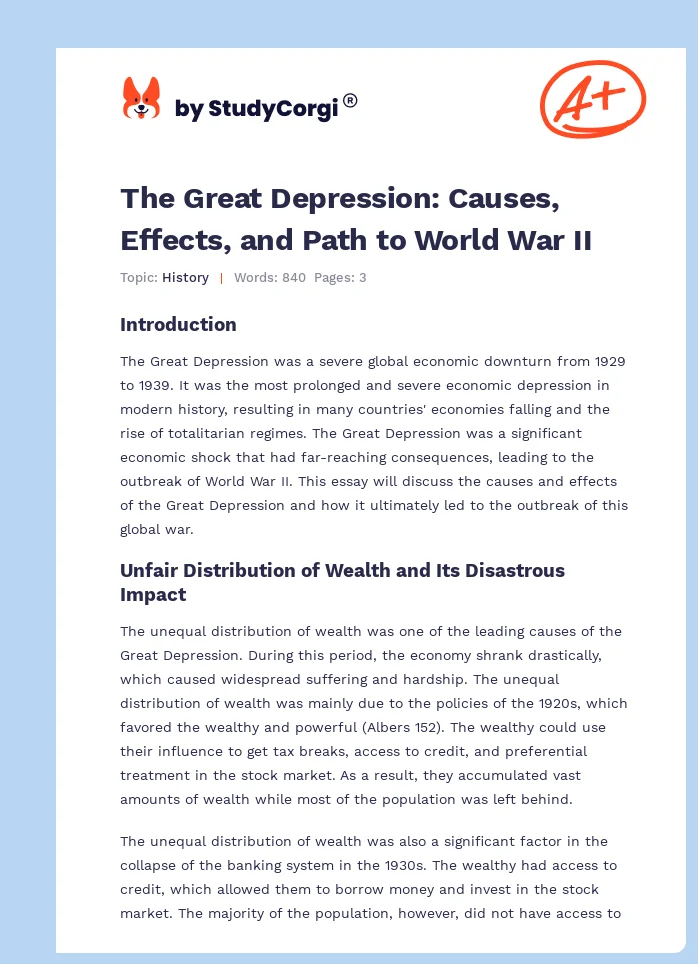 The Great Depression: Causes, Effects, and Path to World War II. Page 1