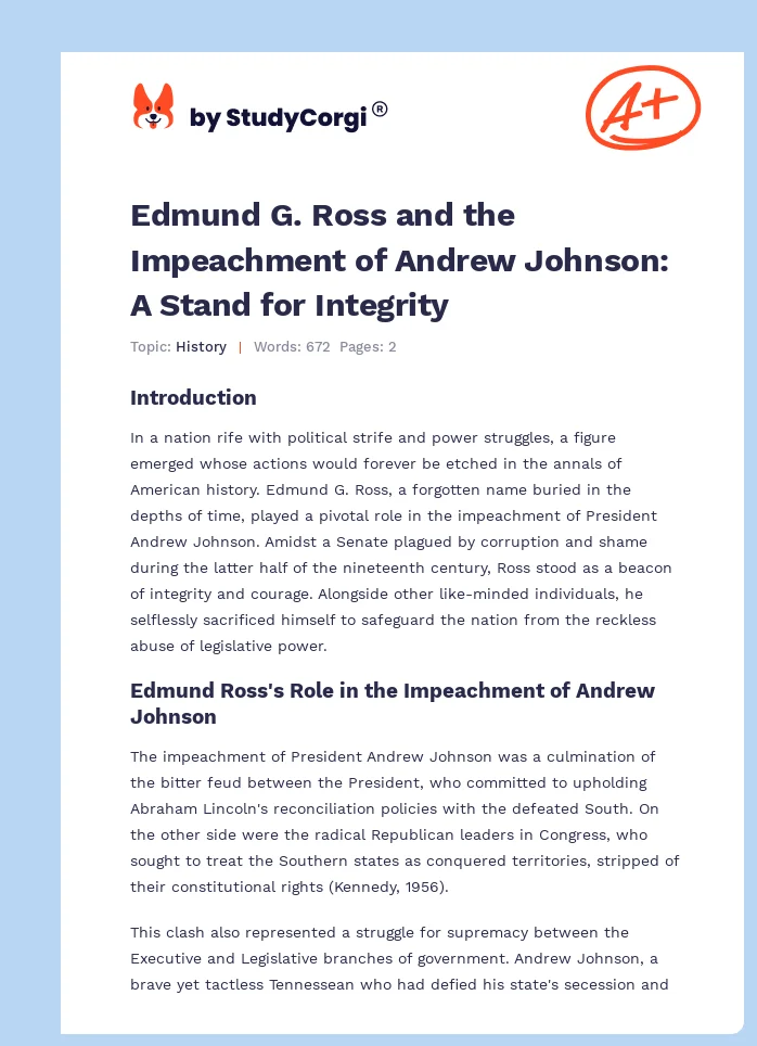 Edmund G. Ross and the Impeachment of Andrew Johnson: A Stand for Integrity. Page 1