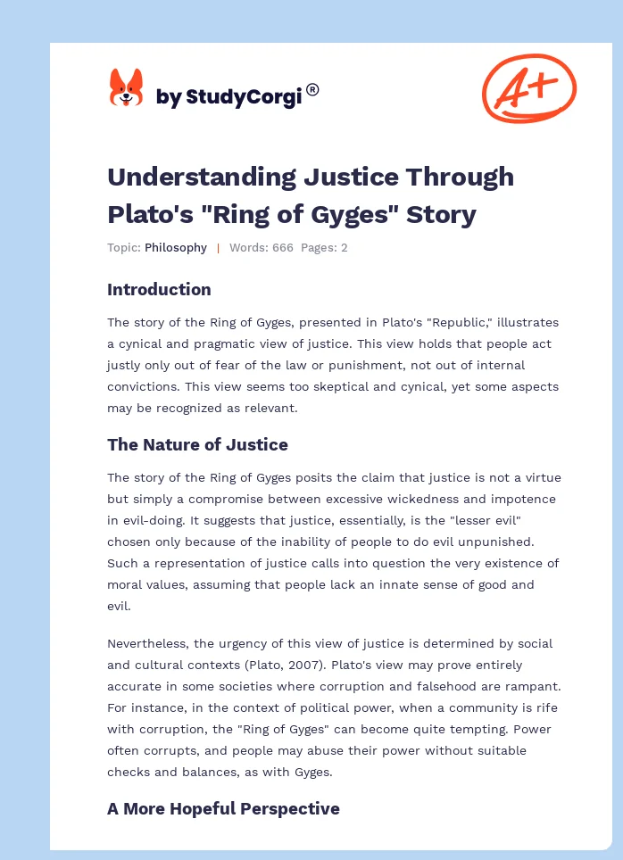 Understanding Justice Through Plato's "Ring of Gyges" Story. Page 1