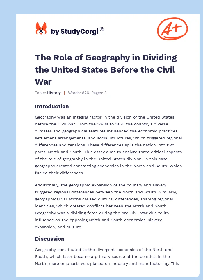 The Role of Geography in Dividing the United States Before the Civil War. Page 1