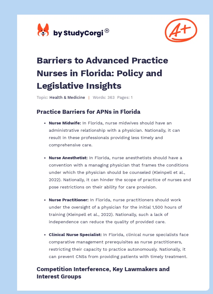 Barriers to Advanced Practice Nurses in Florida: Policy and Legislative Insights. Page 1