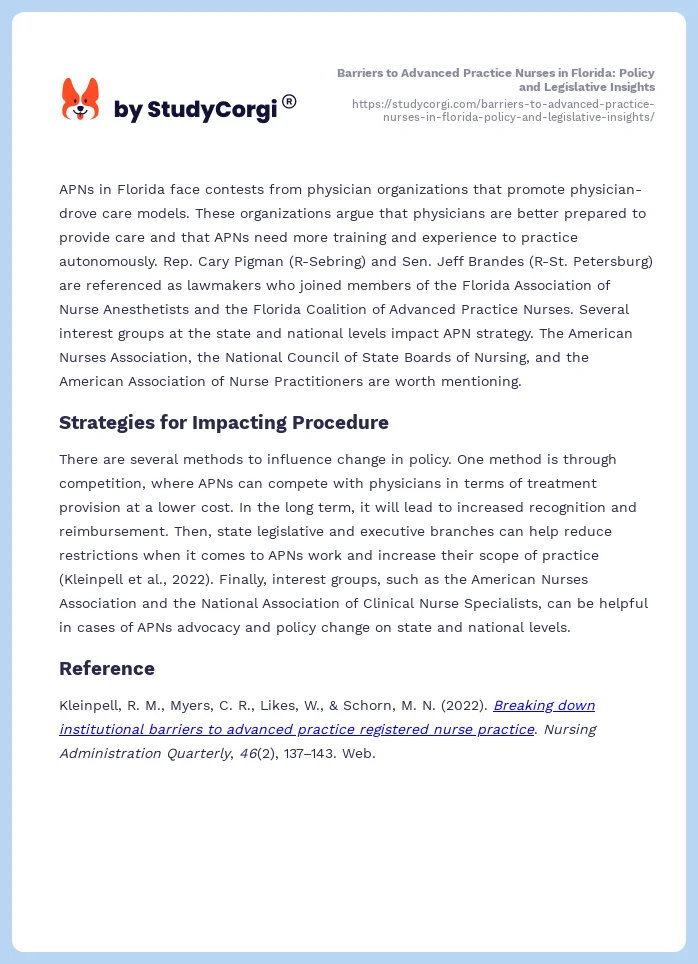 Barriers to Advanced Practice Nurses in Florida: Policy and Legislative Insights. Page 2