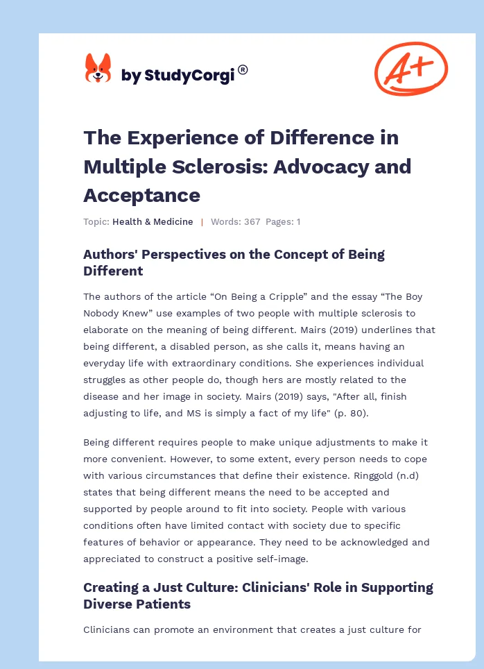 The Experience of Difference in Multiple Sclerosis: Advocacy and Acceptance. Page 1