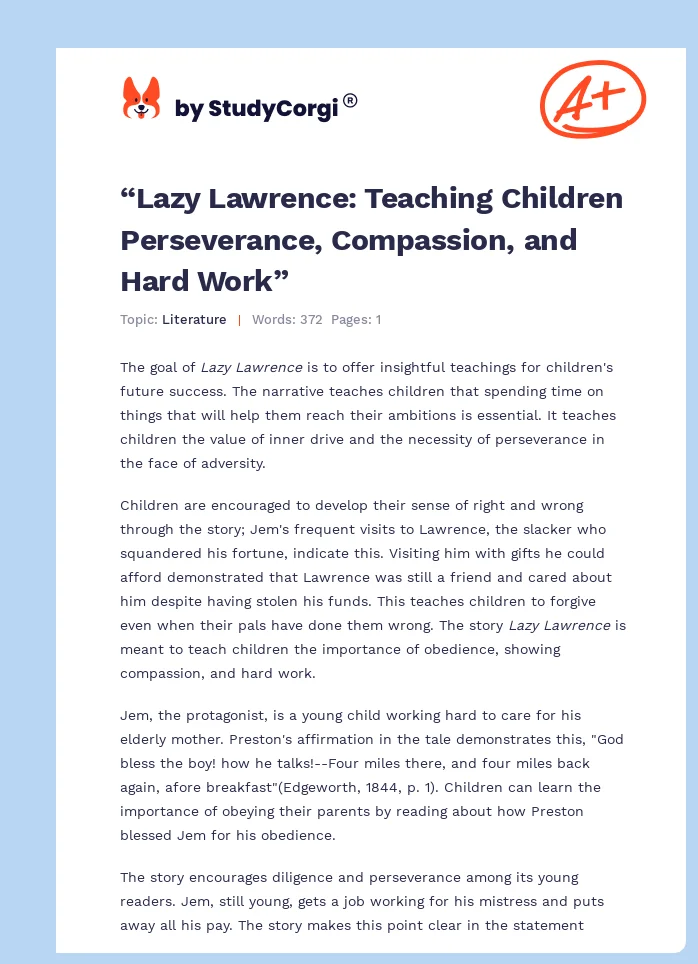 “Lazy Lawrence: Teaching Children Perseverance, Compassion, and Hard Work”. Page 1