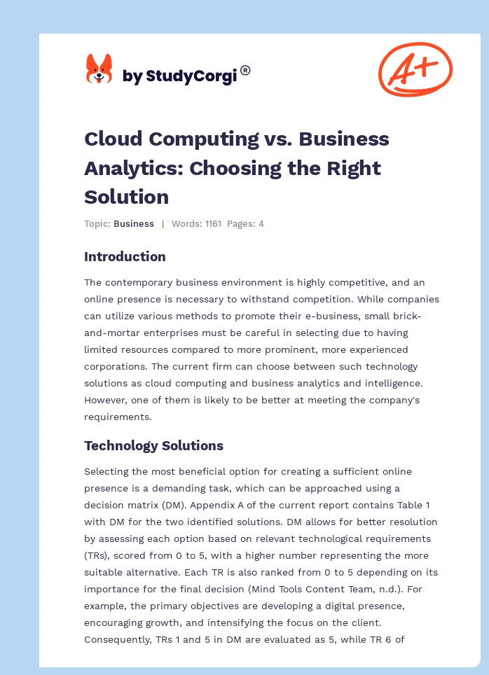 Cloud Computing vs. Business Analytics: Choosing the Right Solution. Page 1