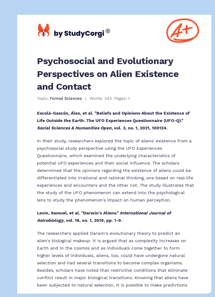 Psychosocial and Evolutionary Perspectives on Alien Existence and Contact. Page 1