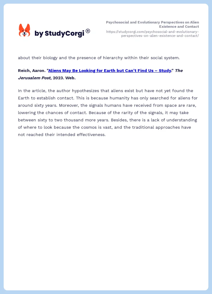 Psychosocial and Evolutionary Perspectives on Alien Existence and Contact. Page 2