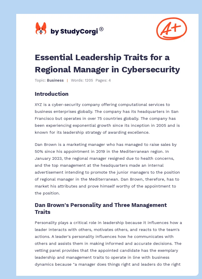 Essential Leadership Traits for a Regional Manager in Cybersecurity. Page 1