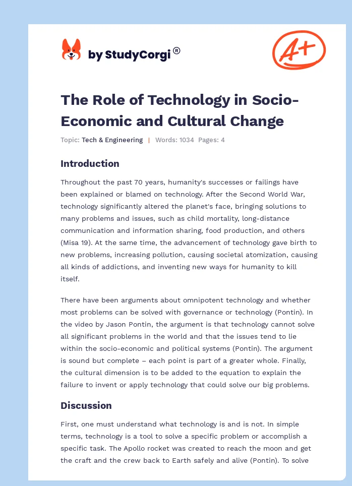 The Role of Technology in Socio-Economic and Cultural Change. Page 1