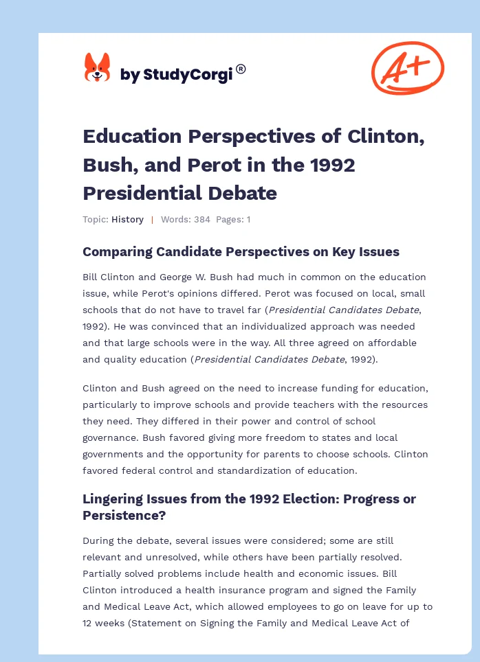 Education Perspectives of Clinton, Bush, and Perot in the 1992 Presidential Debate. Page 1