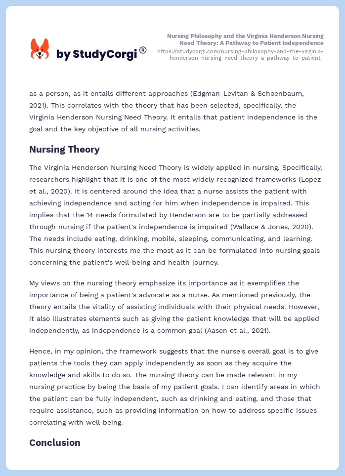 Nursing Philosophy and the Virginia Henderson Nursing Need Theory: A Pathway to Patient Independence. Page 2