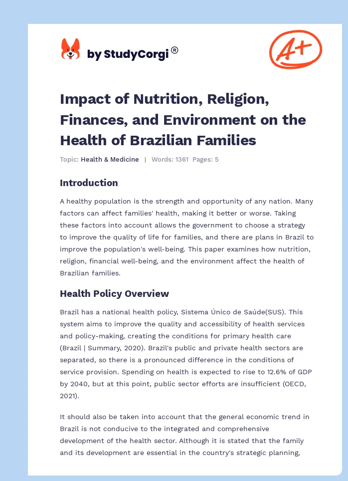 Impact of Nutrition, Religion, Finances, and Environment on the Health of Brazilian Families. Page 1