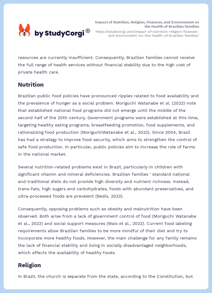 Impact of Nutrition, Religion, Finances, and Environment on the Health of Brazilian Families. Page 2